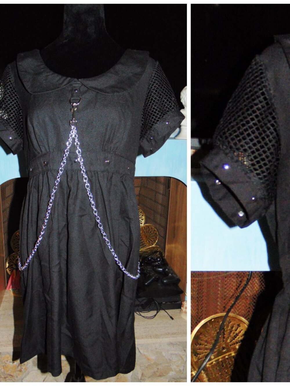 Tripp NYC Mini Tunic Dress Black Fishnet Sleeve Babydoll Mini Chain Gothic Punk